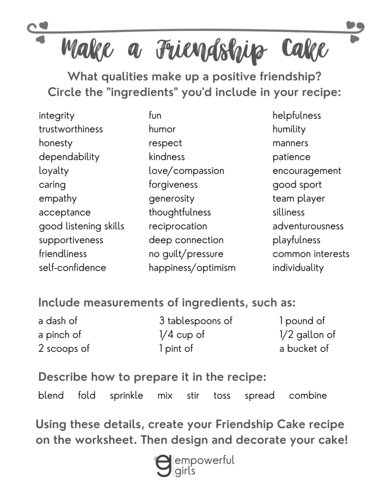 Friendship Cake Worksheet Printable