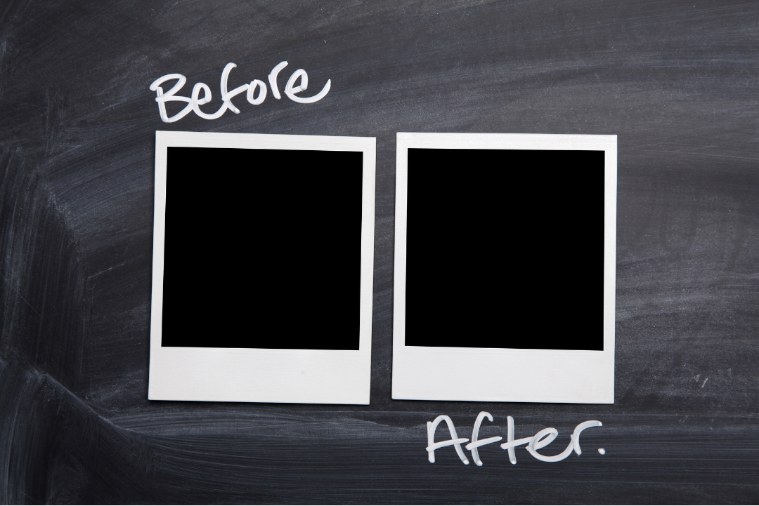 Black background with two blank polaroid pictures and the words "Before" and "After."