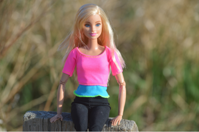 A Barbie, the iconic doll played with by girls and kids, sits on a fencepost next to a field.