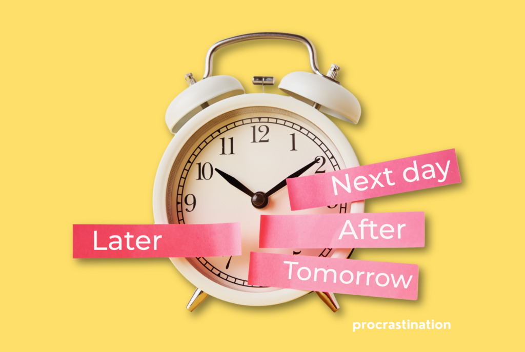 A yellow background with a white analog alarm clock. Small pink sticky notes are stuck to the clock glass and read, "Later," "Next Day," "After," and "Tomorrow."