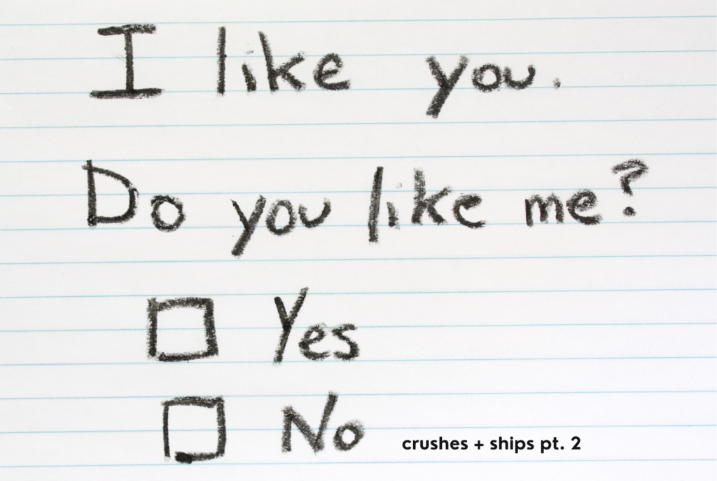 On lined school paper, a teen or tween's handwriting in black crayon reads, "I like you. Do you like me?" with checkboxes for Yes or No.